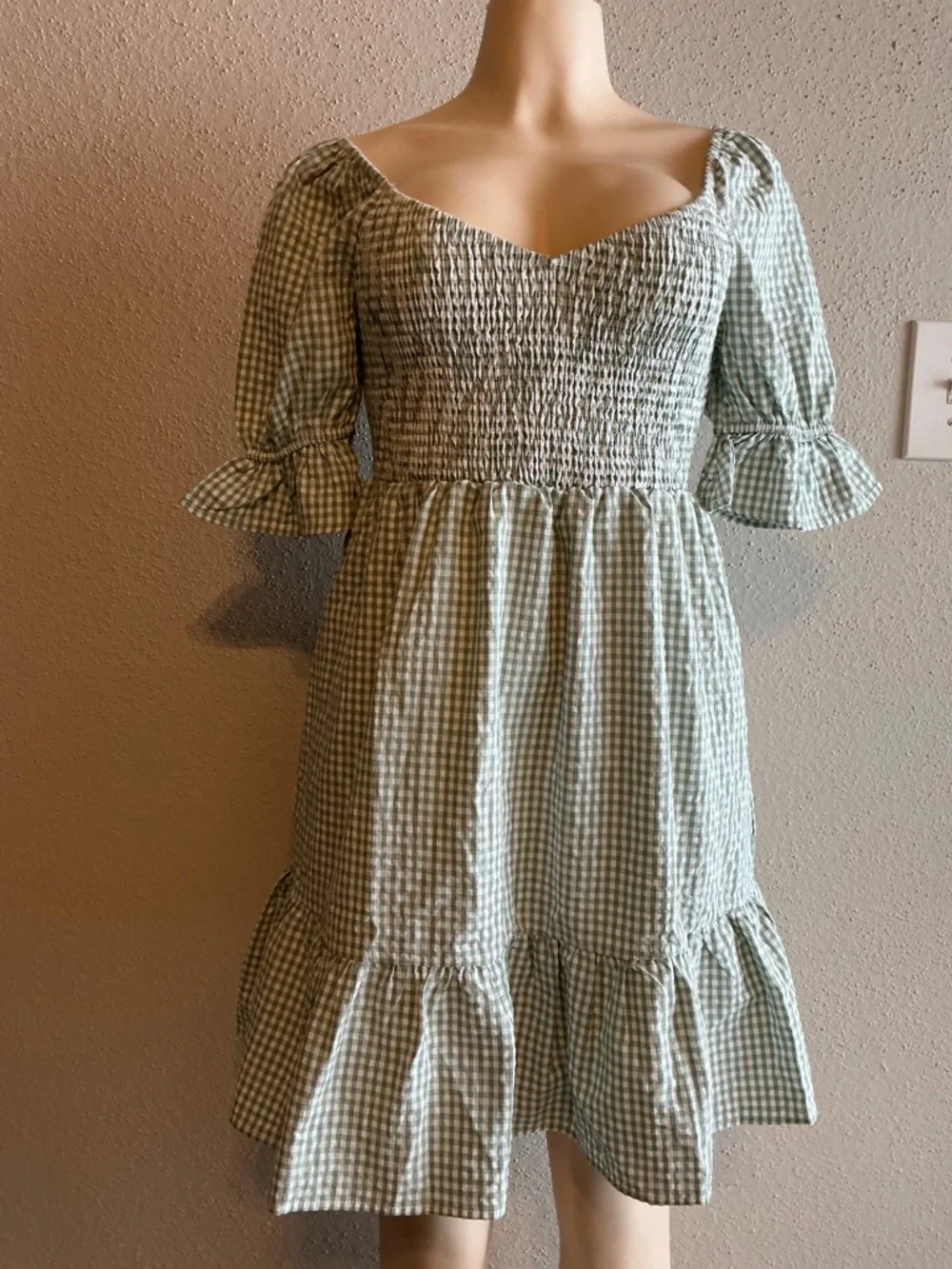 Smocked Gingham Mini Dress in Sage Green - Picture 2 of 8
